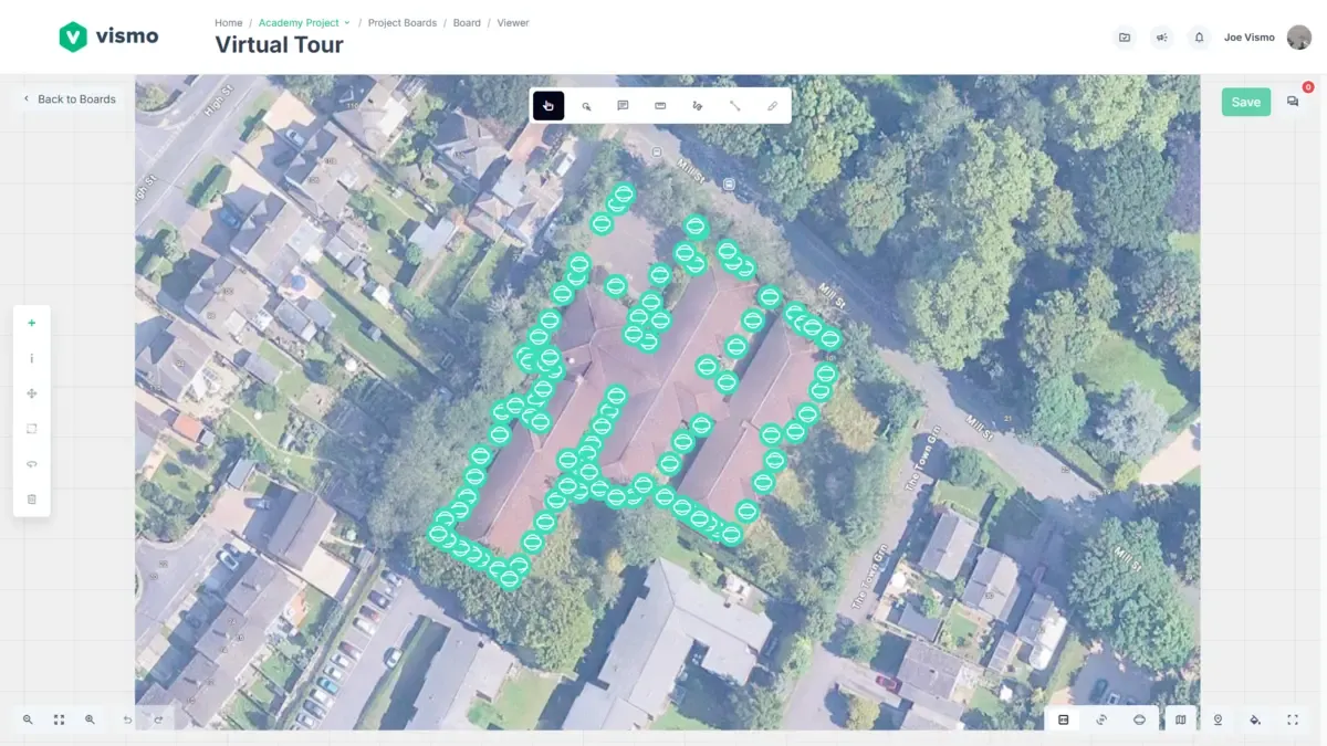 Georeferenced panoramic photos displayed on a map in Vismo