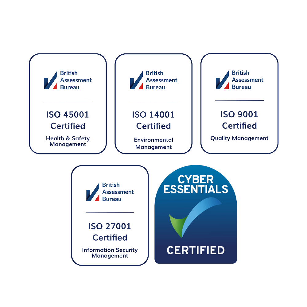 ISO 45001, ISO 4001, ISO 9001, ISO 27001, Cyber Essentials Accreditation