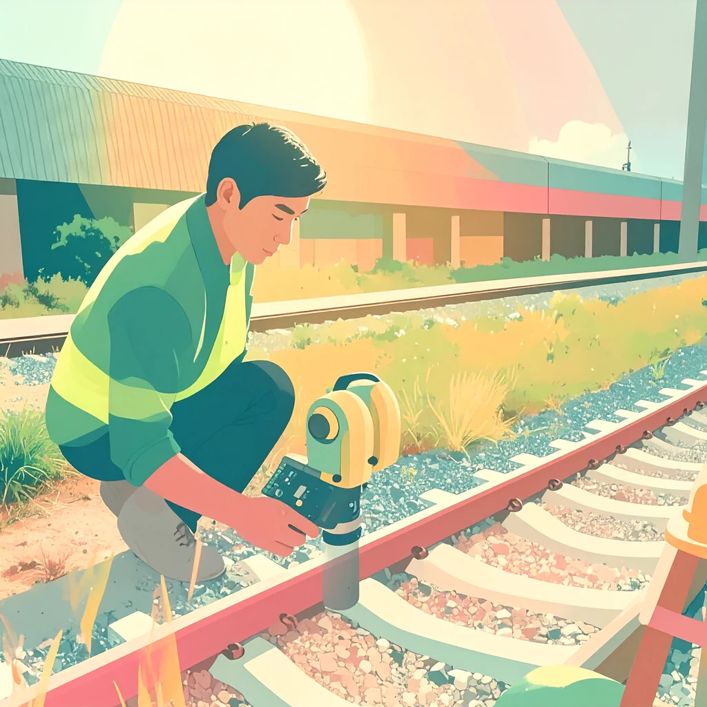 Person surveying the rail network with a total station